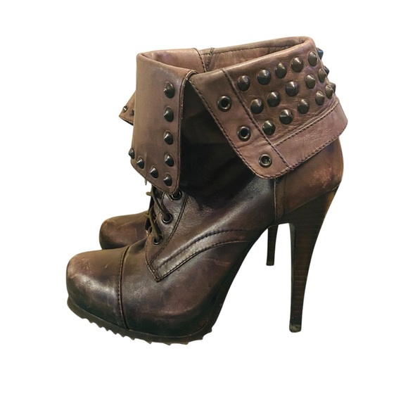 Bronx Shoes - Bronx Renna Gade Studded Brown Distressed Leather Heeled Boots